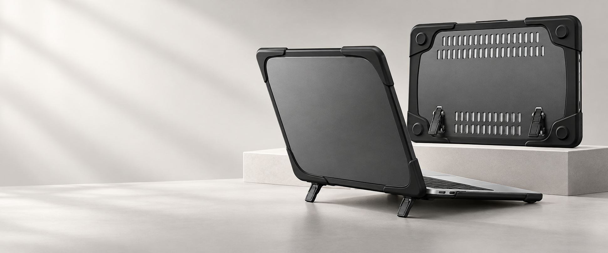 Protective laptop case with reinforced corners, ventilation and folding stands
